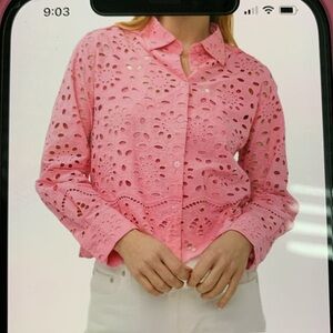 New Ultra Pink light Pink Eyelet Button-Up Blouse Top
